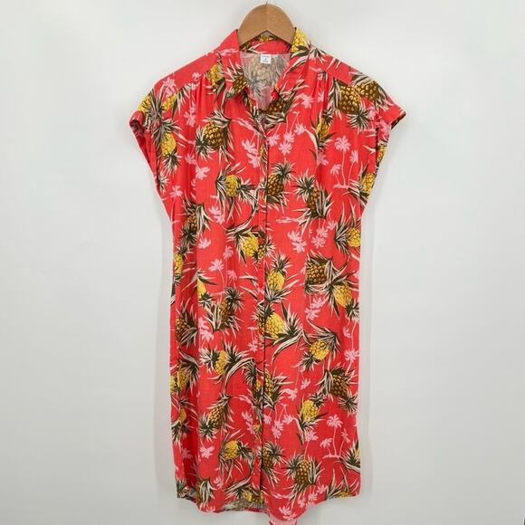 Old navy shirt dress women's M coral linen pineapple print short sleeve tropical - Picture 2 of 8